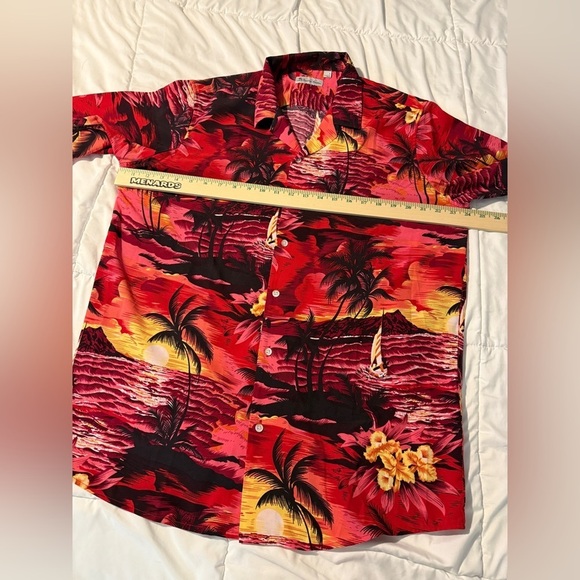 Hawaiian vacation button down Shirt mens L blouse red sunset Hawaii island beach - Picture 7 of 15
